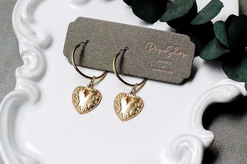 [Heart Poetry] Bronze antique heart-shaped pendant earrings from ROPEshop. - ต่างหู - ทองแดงทองเหลือง สีทอง
