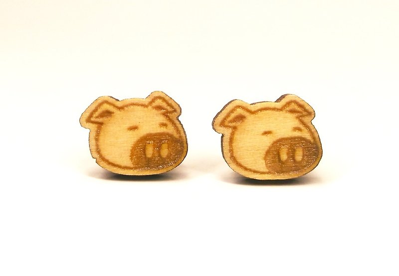 [Pig] plain color wooden earrings - Earrings & Clip-ons - Wood 