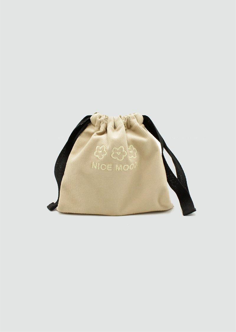 Corduroy Embroidered Small Bunch Pocket - Light Khaki - Drawstring Bags - Cotton & Hemp Khaki