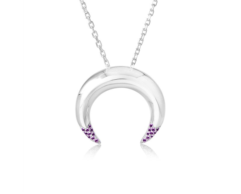 Crescent moon amethyst necklace-Gothic half upside down wiccan moon pendant - สร้อยคอ - เงินแท้ สีม่วง