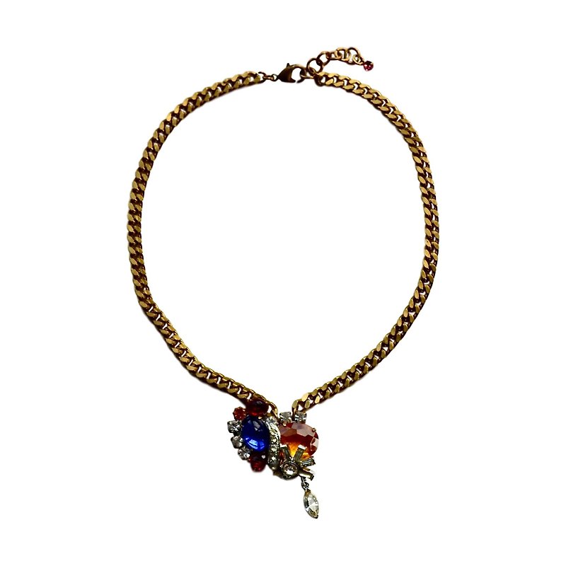 Vintage Bohemian Glass Pendant Necklace | Blue & Orange - สร้อยคอ - โลหะ หลากหลายสี