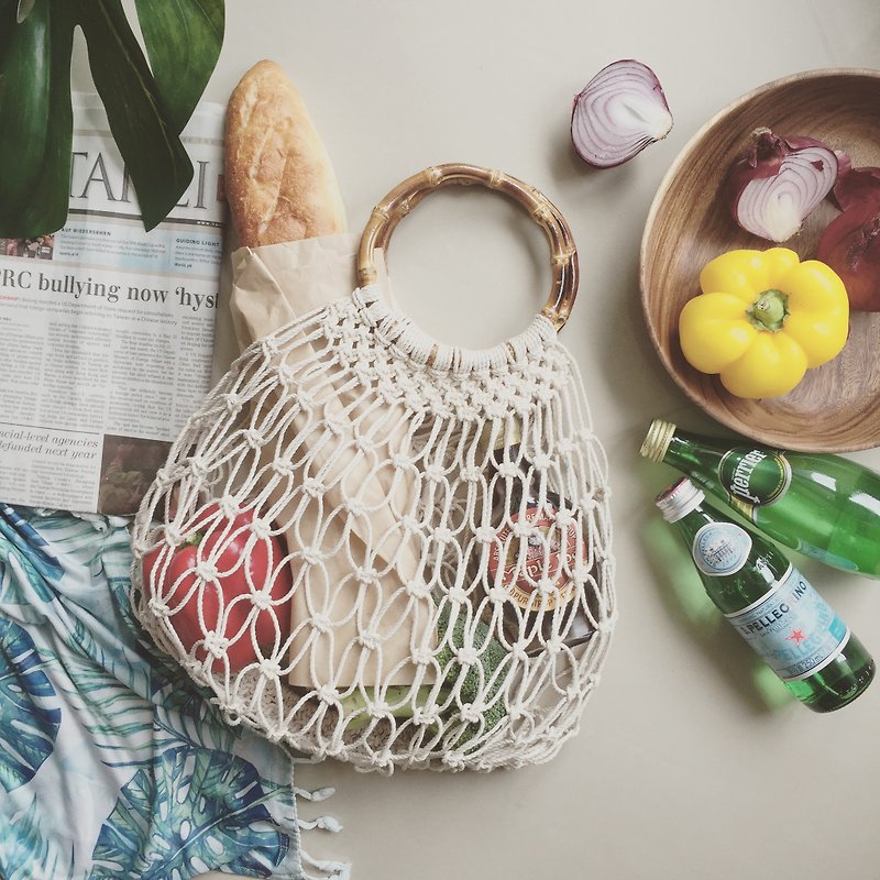 Macrame Knot Knit Mesh Bag Summer Net Bag Woven Bag with Drawstring Pocket - กระเป๋าถือ - ผ้าฝ้าย/ผ้าลินิน สีกากี