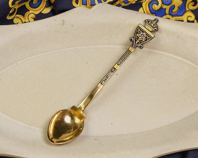 スペイントレドアンティークダマスカス24Kメタルインレイクラフト小さな金のスプーン食器の装飾品