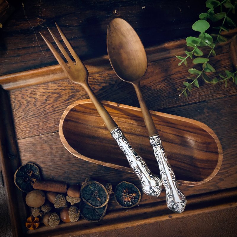 美國製北歐風格純銀柄-胡桃木沙拉分食餐具組 - 刀叉/湯匙/餐具組 - 純銀 銀色