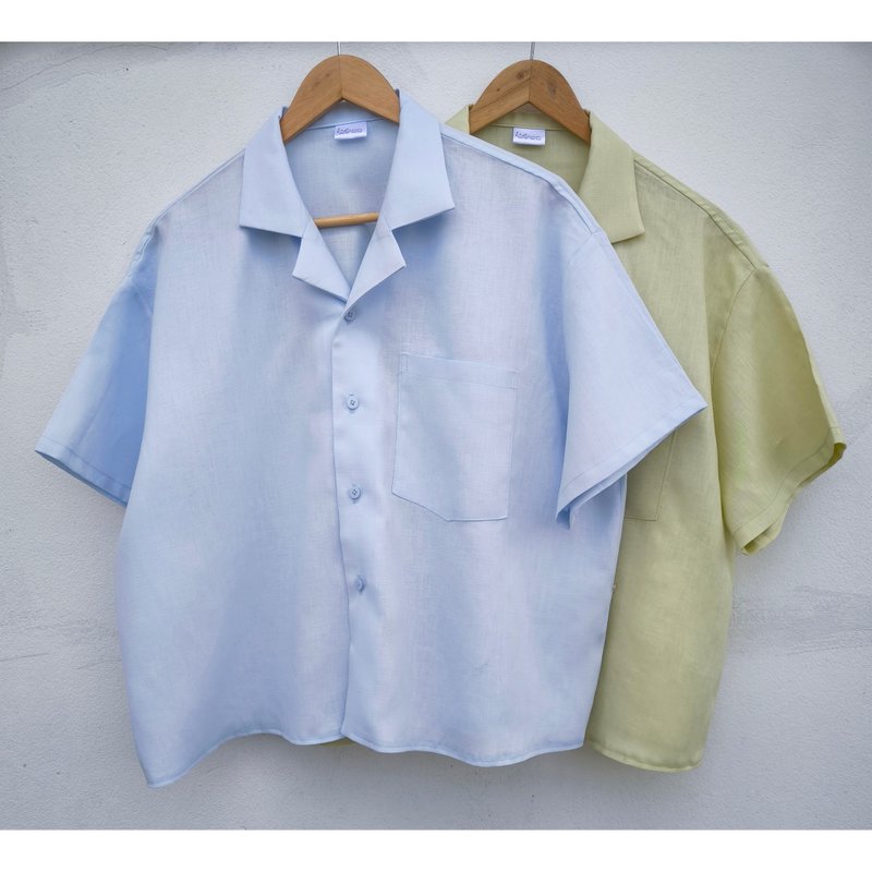 Linen | Open Collar Shirt in Blue and Green - 女襯衫 - 棉．麻 多色