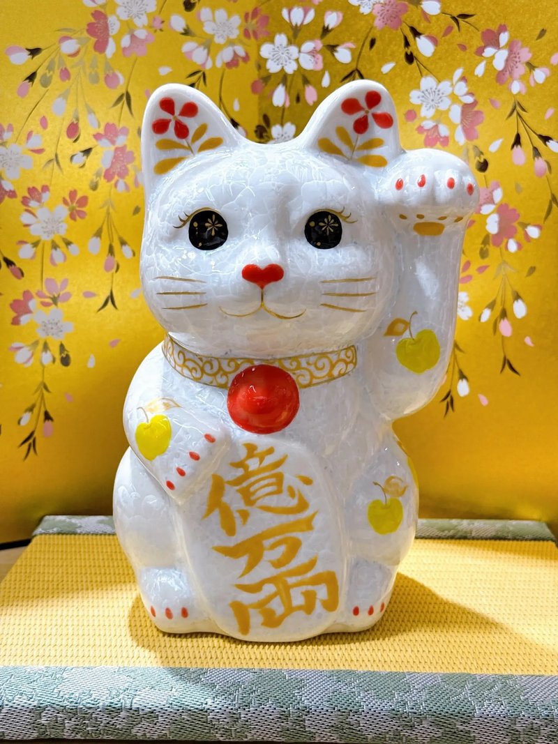 【晶白億福】日本清水燒招財貓 | 花結晶白 - 億万両 特大 左 - 擺飾/家飾品 - 瓷 白色
