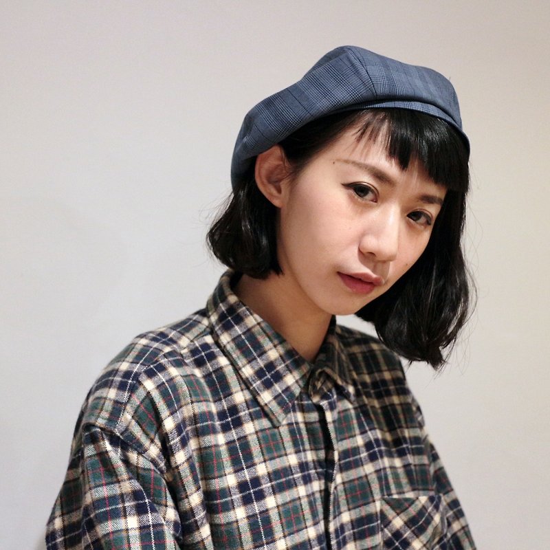 JOJA│ [Limited] blue houndstooth Gebei Lei / SM adjustable / beret / painter cap - Hats & Caps - Cotton & Hemp Blue