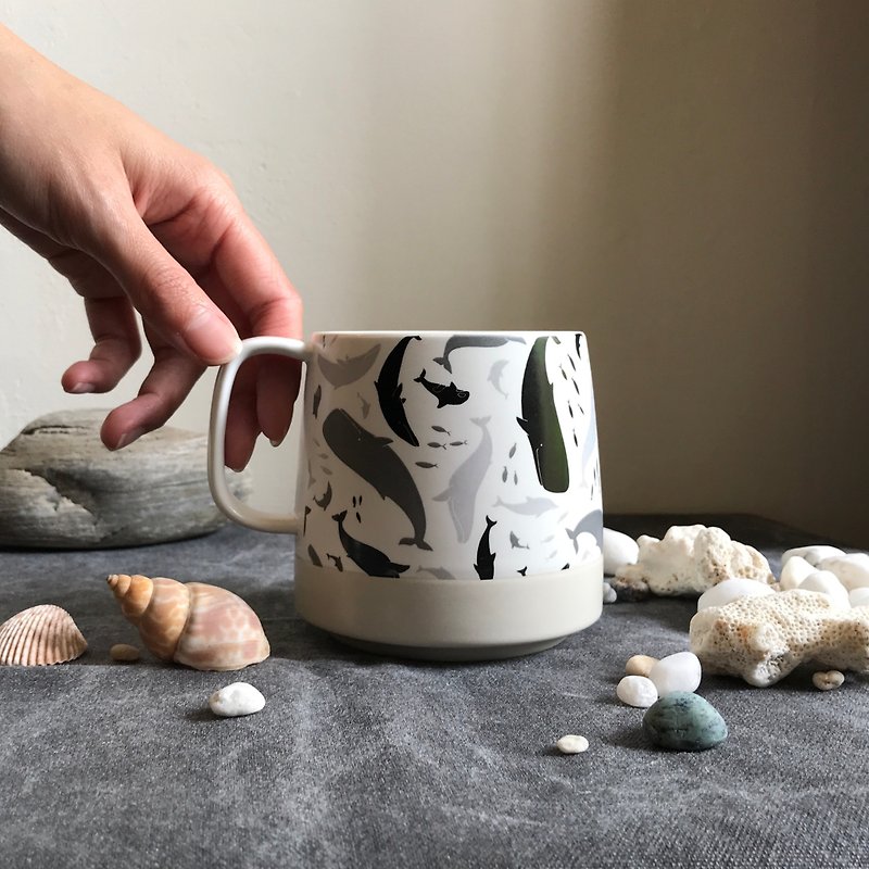 [Whale and Dolphin Printed Frosted Cup] / White Porcelain Matte Surface / Black Grey Apricot - Cups - Porcelain Gray