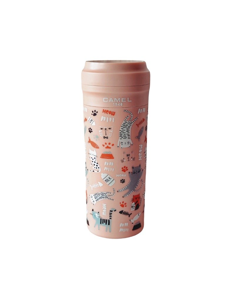 Camel brand 350ml glass bladder vacuum insulated cup with plastic shell and lid - animal series (cat CT) - กระบอกน้ำร้อน - วัสดุอื่นๆ สึชมพู