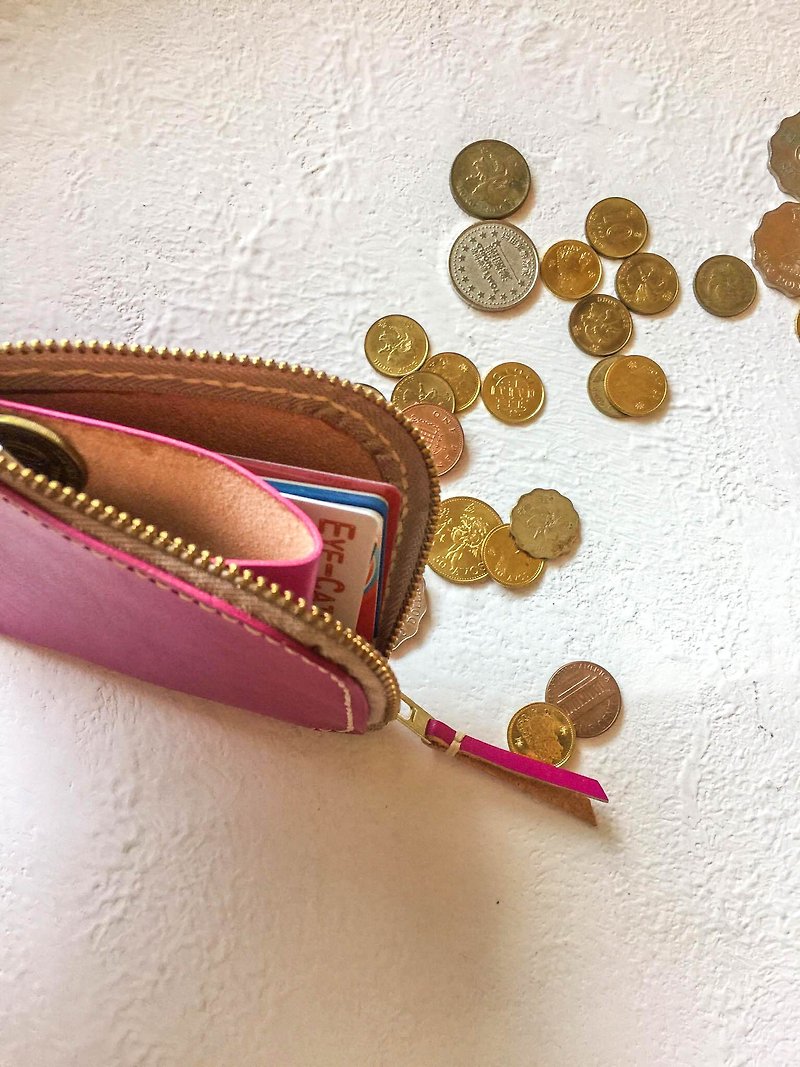 Non-colliding Peach tanned leather full genuine leather L-shaped zipper coin purse/short clip - Coin Purses - Genuine Leather Pink