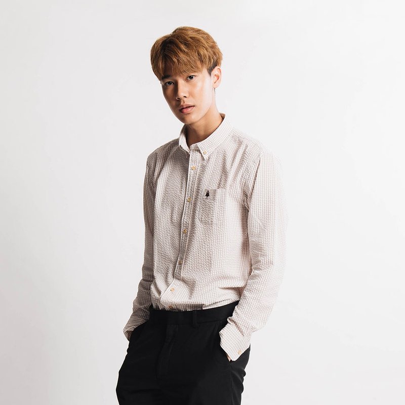 (NO XL) PINE TREE // cream check // men slim fit - 男襯衫/休閒襯衫 - 棉．麻 卡其色