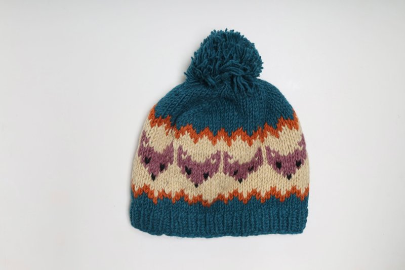 /大童成人/藍綠色可愛小狐狸防風帽/純羊毛線手工編織尼泊爾工藝 - 帽子 - 羊毛 藍色