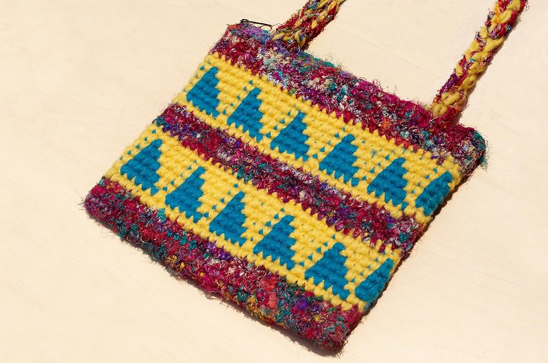 Christmas gift natural wool crochet cross-body bag / backpack / side backpack / shoulder bag / travel bag-saree line triangle geometric hill totem - Messenger Bags & Sling Bags - Wool Multicolor