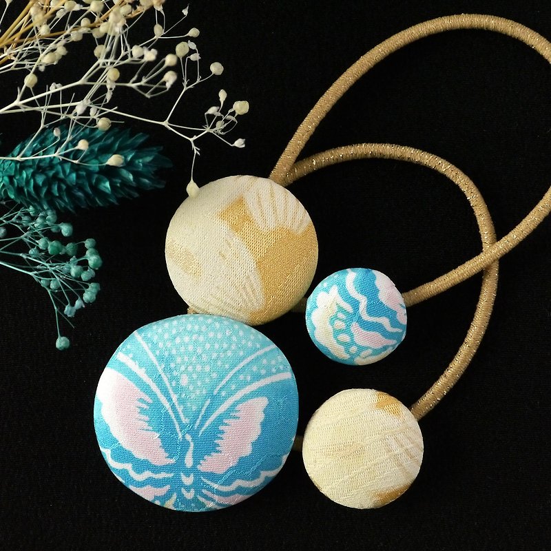Happy hair ornament Kimono hair rubber 2 pieces Butterfly pattern - Hair Accessories - Cotton & Hemp Blue