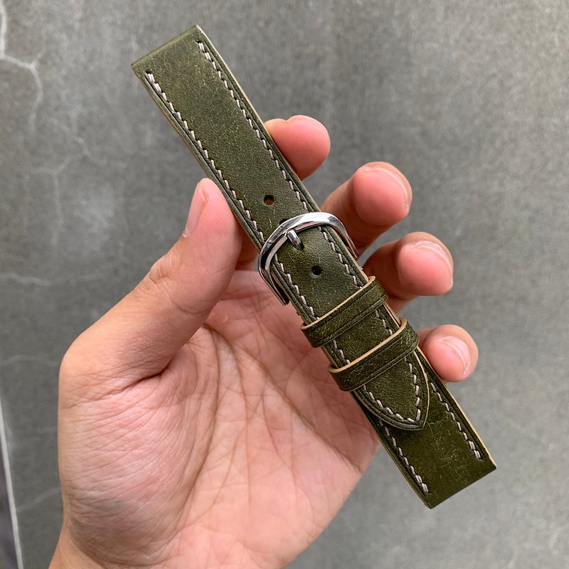 Side stitched frosted leather leather strap, customized cowhide strap, handmade strap - Watchbands - Genuine Leather Green