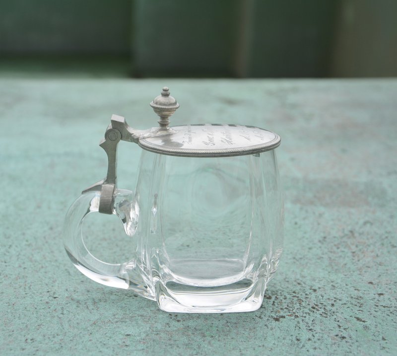 1912年德國舊貨 古董掀蓋式玻璃啤酒杯 - 咖啡杯/馬克杯 - 玻璃 白色