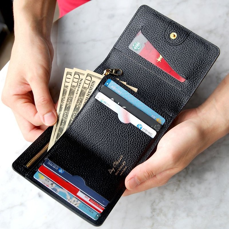 PLEPIC leather tri-fold short wallet - black, PPC93686 - กระเป๋าสตางค์ - หนังแท้ สีดำ