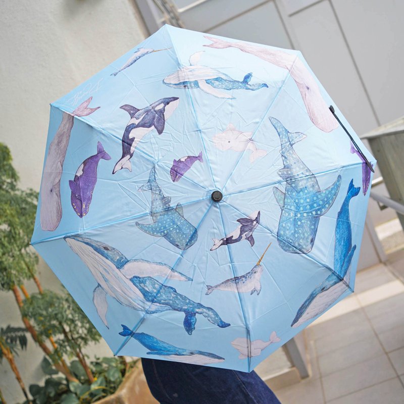 【Whale Does It belong】Watercolour Illustration Whale Foldable Umbrella - Umbrellas & Rain Gear - Waterproof Material Blue