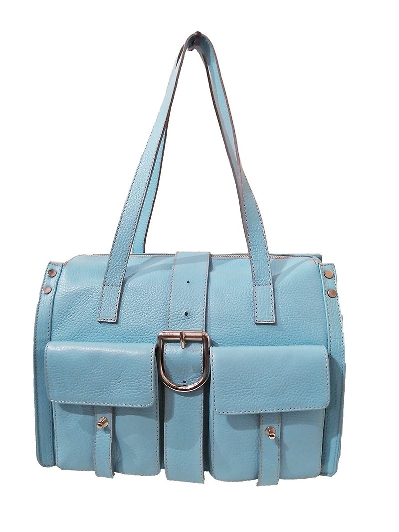 ITA BOTTEGA【Made in Italy】Litchi leather light blue shoulder bag - Messenger Bags & Sling Bags - Genuine Leather Blue