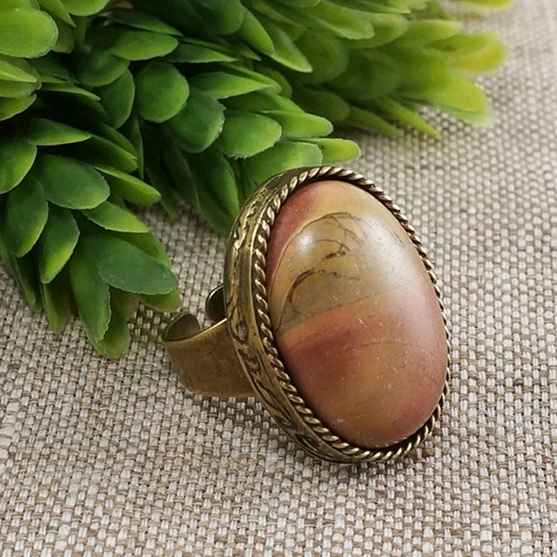 Picasso Jasper Adjustable Ring Large Boho Ethnic Oval Brass Ring Woman Jewelry - 戒指 - 半寶石 紅色