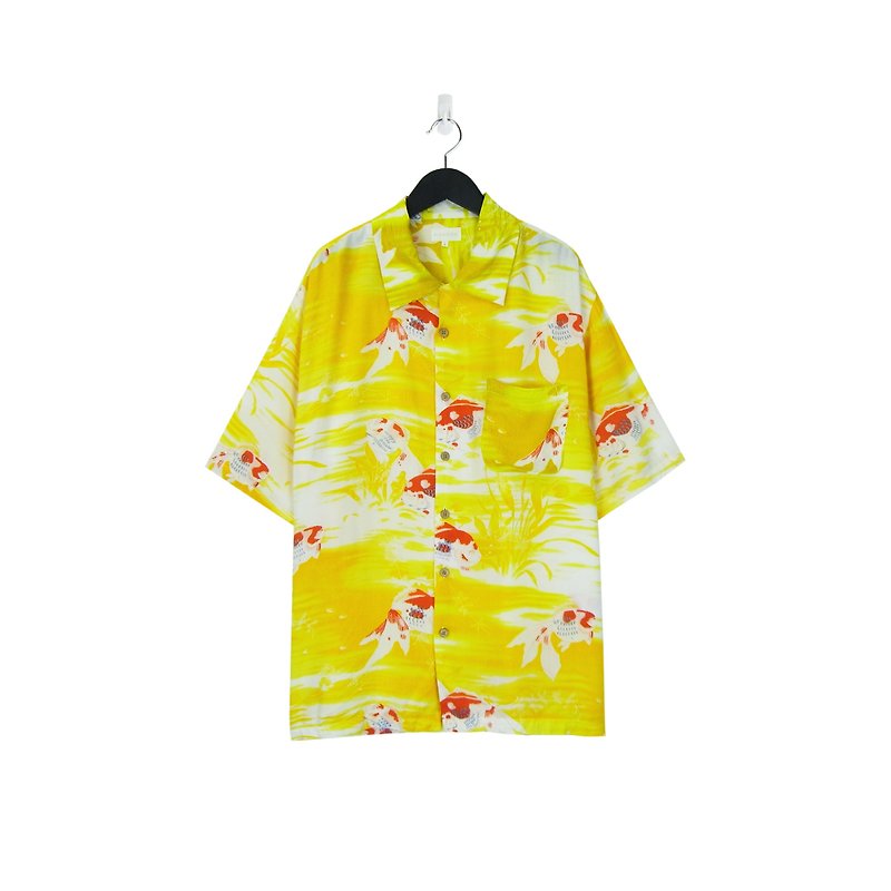A‧PRANK: DOLLY :: retro VINTAGE and handle flower shirt (yellow goldfish) - เสื้อเชิ้ตผู้ชาย - ผ้าฝ้าย/ผ้าลินิน 