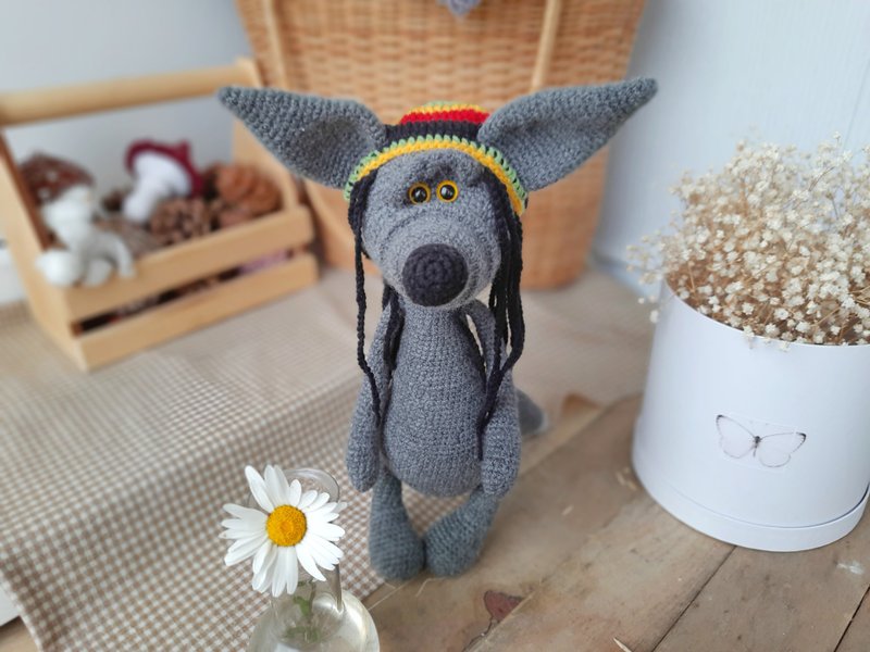 Gray wolf toy in Funny Bob Marley replica / Rasta dreadlock Hat for toy - 寶寶/兒童玩具/玩偶 - 棉．麻 灰色