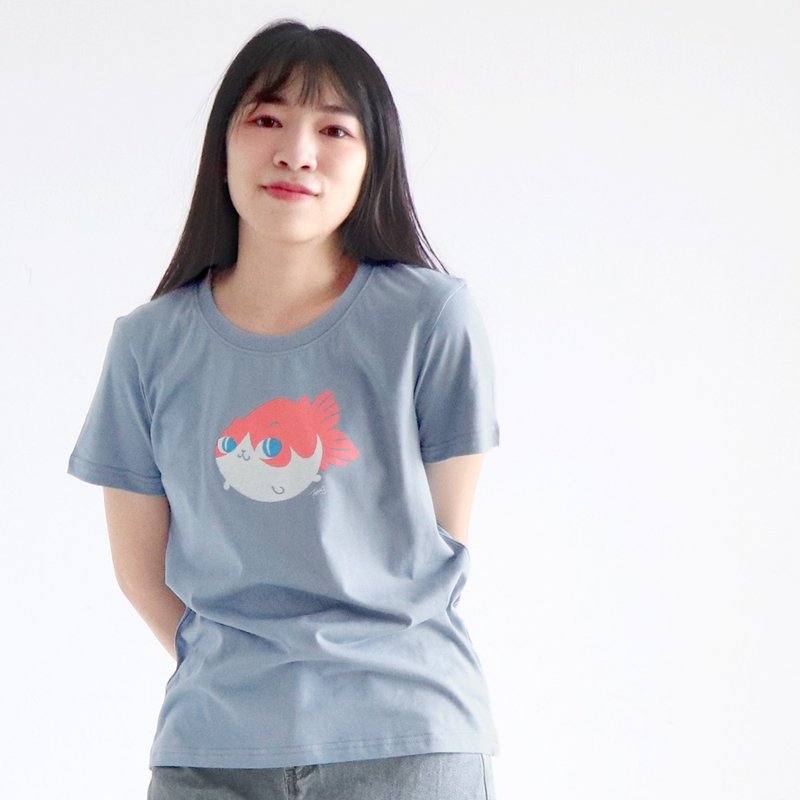 babyfishcat - Tisha unisex shirt - เสื้อยืดผู้หญิง - ผ้าฝ้าย/ผ้าลินิน สีน้ำเงิน