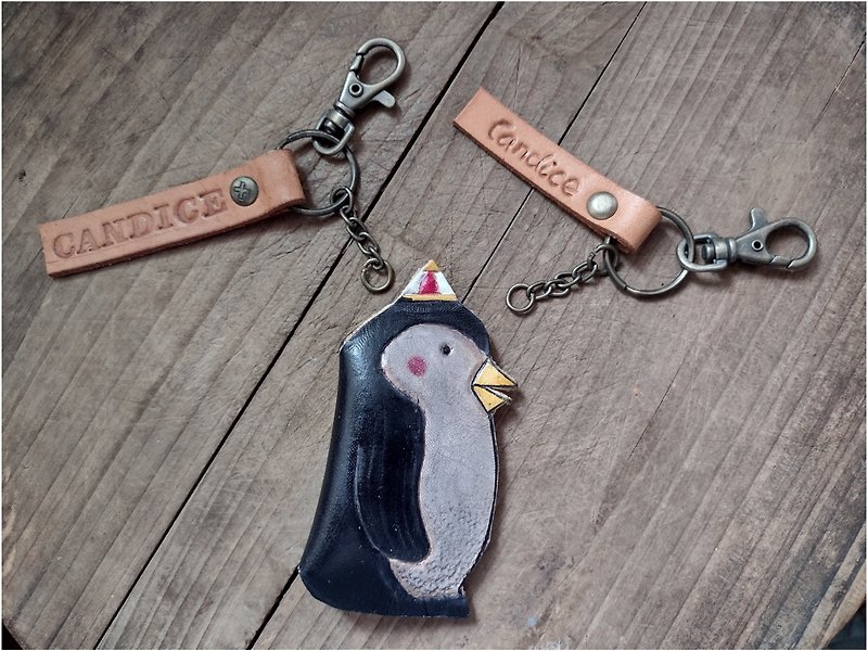 Cute shy penguin pure leather key ring - Keychains - Genuine Leather 