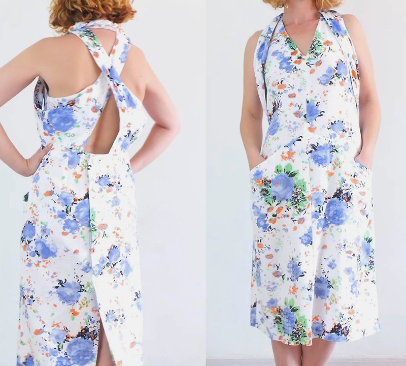 。ms。Vintage Blue Hibiscus Halter Dress - One Piece Dresses - Cotton & Hemp White