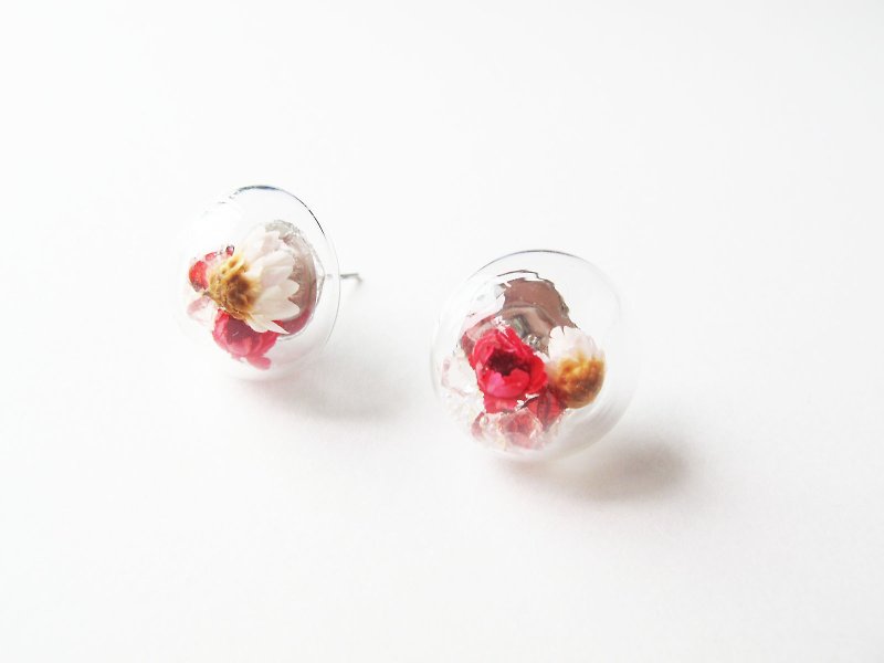 Rosy Garden 玫瑰紅色小雛菊水晶弧面玻璃耳環 - 耳環/耳夾 - 植物．花 紅色