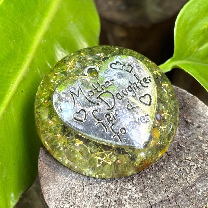 母女永恆之心 奧剛隨身能量盤 半球形橄欖石和琥珀半球體 - 鑰匙圈/鑰匙包 - 水晶 綠色