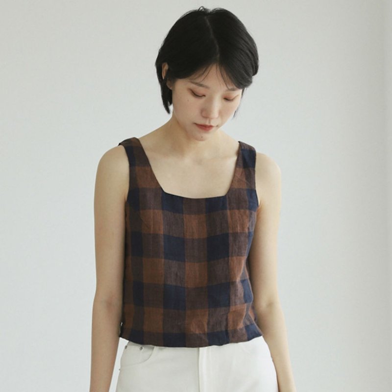 Plaid Love Clavicle's Square Collar Control Retro Word Square Collar Sleeveless Top Square Back Cardiomycosis Linen Cotton - Women's Vests - Cotton & Hemp Brown