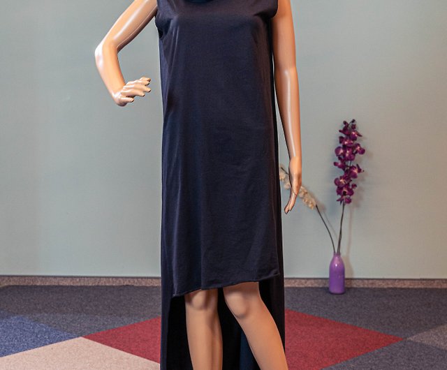 Sleeveless knitted dress with high collar / Black casual asymmetrical loose  dres