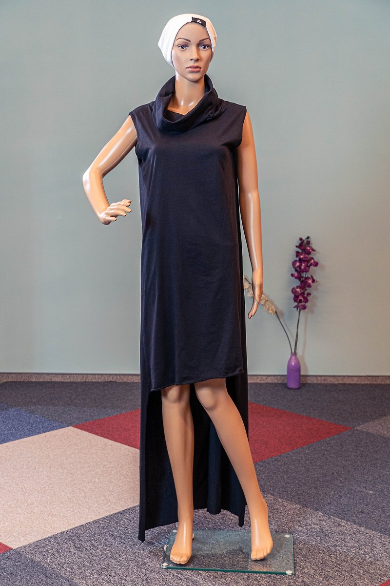Sleeveless knitted dress with high collar / Black casual asymmetrical loose dres - ชุดเดรส - ผ้าฝ้าย/ผ้าลินิน สีดำ