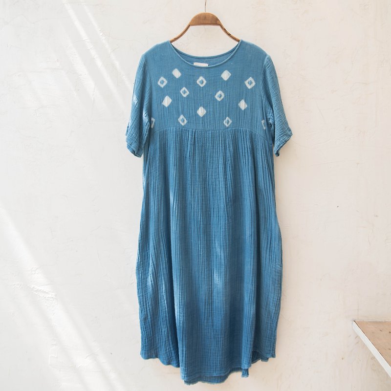 polka dot dress | indigo dyed soft cotton | 03 - ชุดเดรส - ผ้าฝ้าย/ผ้าลินิน สีน้ำเงิน