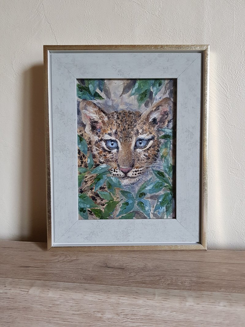 Small original cute animal leopard artwork hand painted oil painting framed - 壁貼/牆壁裝飾 - 其他材質 