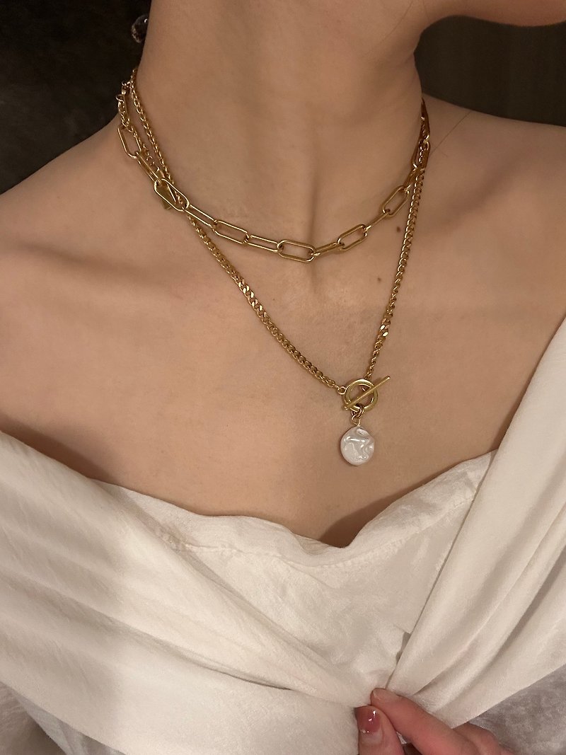 希臘設計手工製 淡水珍珠項鍊 多層次項鍊 不銹鋼項鍊 - 項鍊 - 珍珠 金色