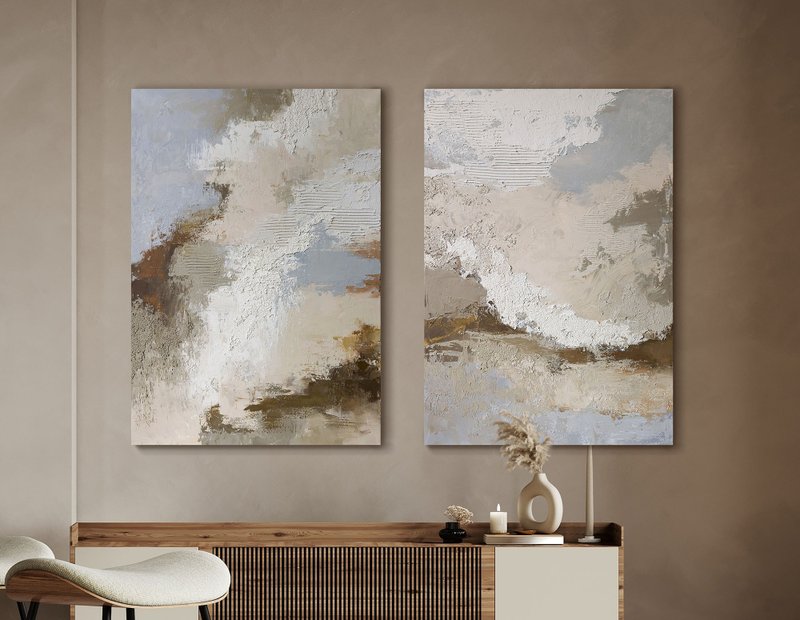 Abstract Blue Gray Canvas Art | Set of 2 Painting Blue Beige Abstract |Fjord set - 壁貼/牆壁裝飾 - 棉．麻 藍色