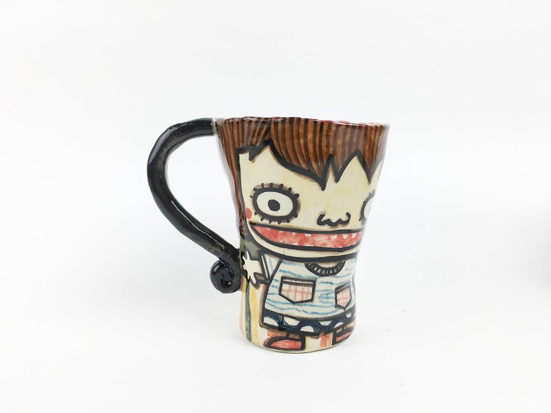 Nice Little Clay Hand Embossed Bell Cup _ Boy and Black Wheels 120328 - Mugs - Pottery Green