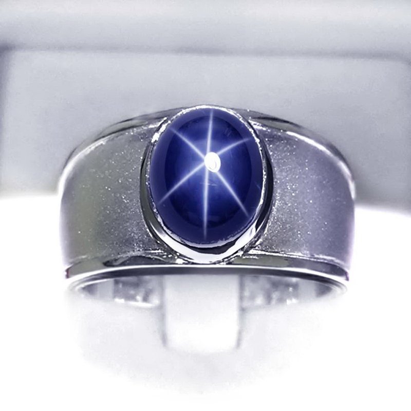 5.35 ct Natural star blue sapphier ring silver sterling size 7.0 free resize - 戒指 - 純銀 藍色