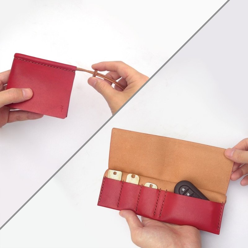 Key Case using Sappan Wood Dyed Leather【zlat3+1/ずらっと3+1】#3keys+1bigsmartcardkey - ที่ห้อยกุญแจ - หนังแท้ สีแดง