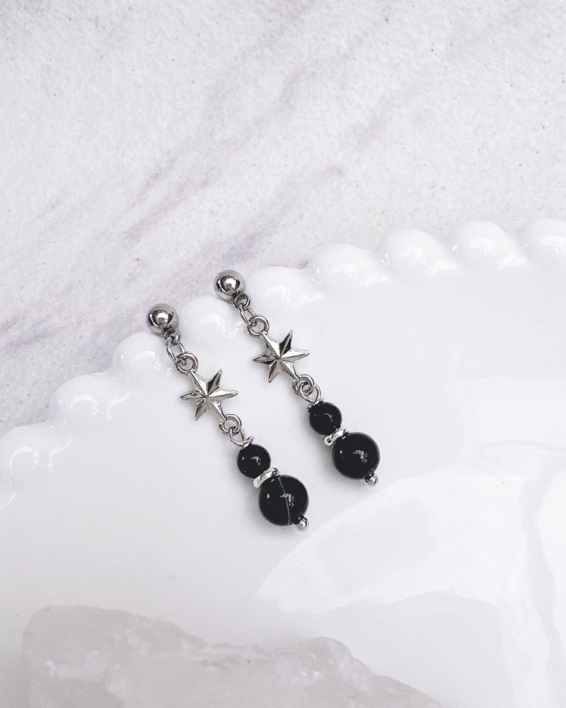 C&W 14ks925 sterling silver bean earrings natural black agate temperament pendant earrings earrings - Earrings & Clip-ons - Jade Silver