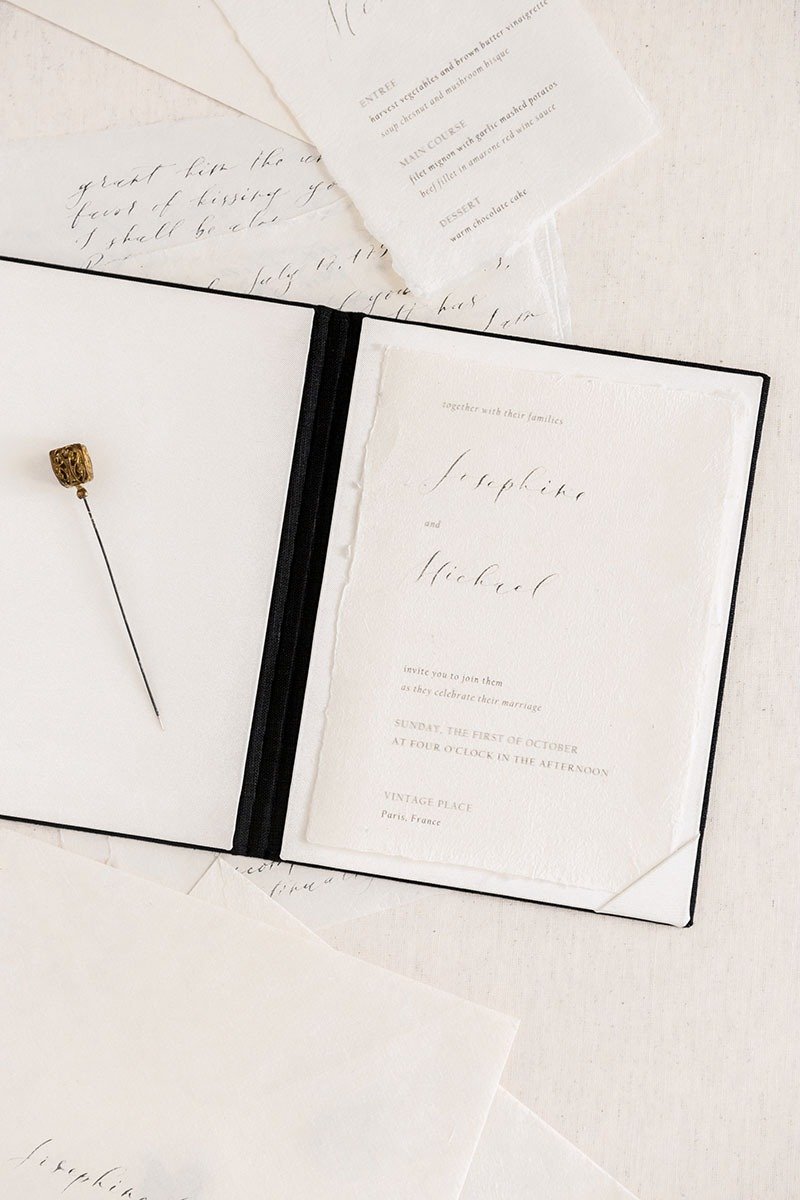 Vows Book - LINEN 13x18 cm - Folio Folder Menu Holder His Her Vows Calligraphy - 文件夾/資料夾 - 亞麻 黑色