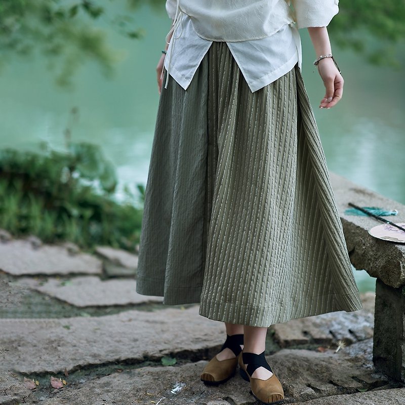 Green striped patchwork elastic skirt | skirt | spring and summer | Sora-1486 - กระโปรง - ผ้าฝ้าย/ผ้าลินิน สีเขียว