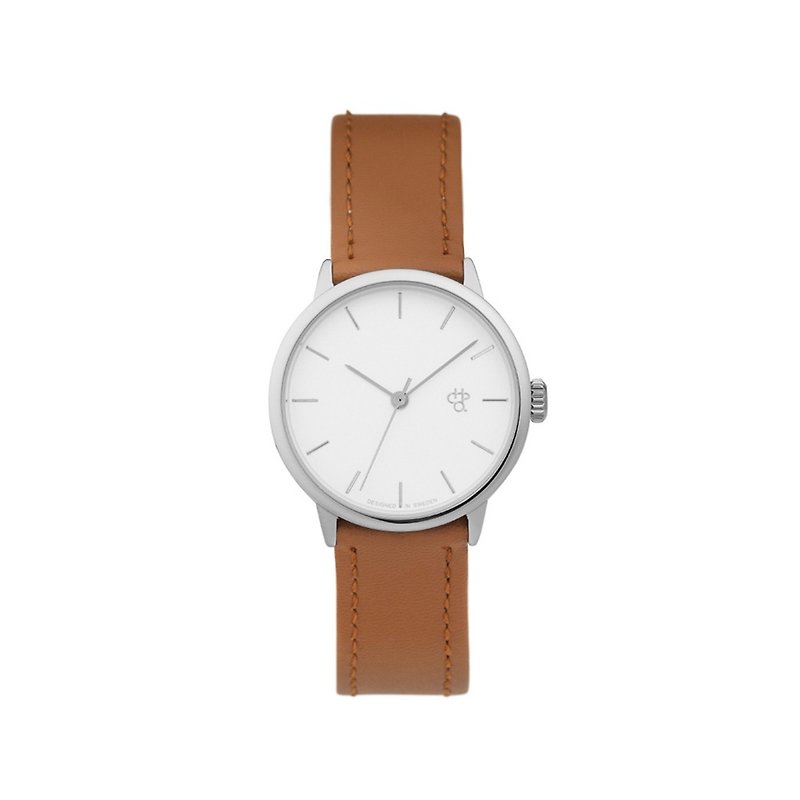 Khorshid Mini Series Silver White Dial Honey Brown Leather Watch - นาฬิกาผู้หญิง - หนังเทียม สีนำ้ตาล
