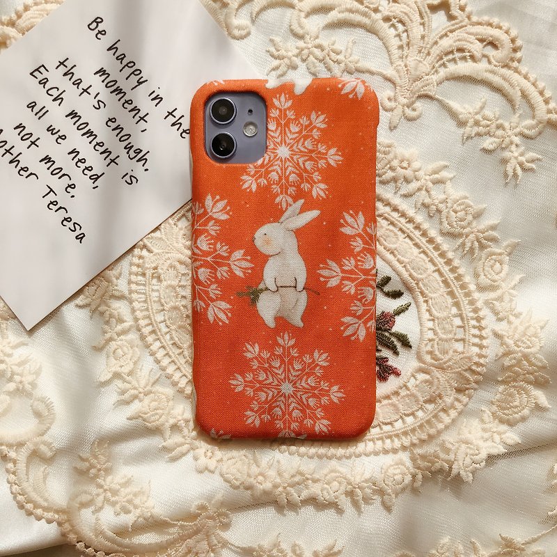 棉．麻 手機殼/手機套 橘色 - 秋冬橙雪花可愛兔子布藝 手工做 布面 iPhone手機殼 可客製