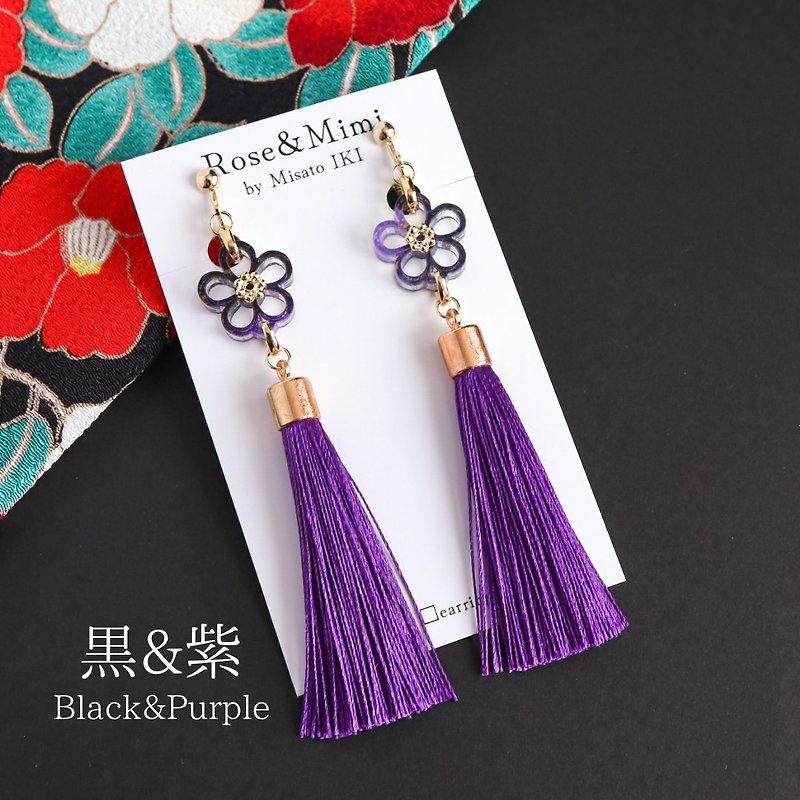 Flower lover knot tassel Clip-On& pierced earrings (black & purple) - Earrings & Clip-ons - Acrylic Purple