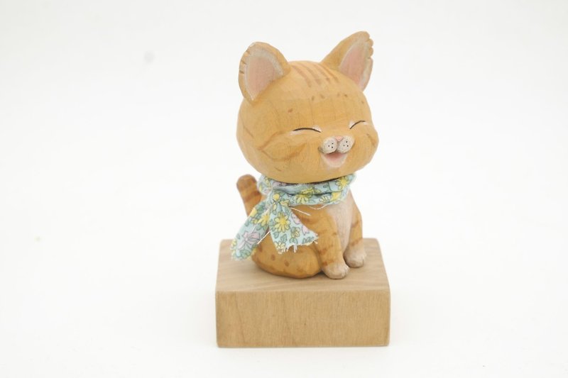 I want to be a room wood carving animal _ sitting posture orange tabby cat (log hand carved) - Stuffed Dolls & Figurines - Wood Orange