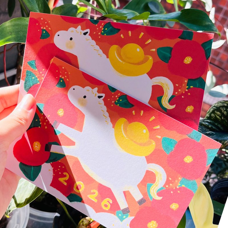 2026-椿が福を招き、午年を盛大に祝う-新年のイラスト手描き風 グリーティングカード ポストカード - はがき・メッセージカード - 紙 レッド