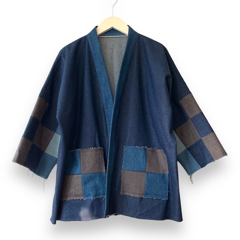 Kimono Style Outer With Three Quarter Sleeves - Denim - เสื้อโค้ทผู้ชาย - ผ้าฝ้าย/ผ้าลินิน สีน้ำเงิน